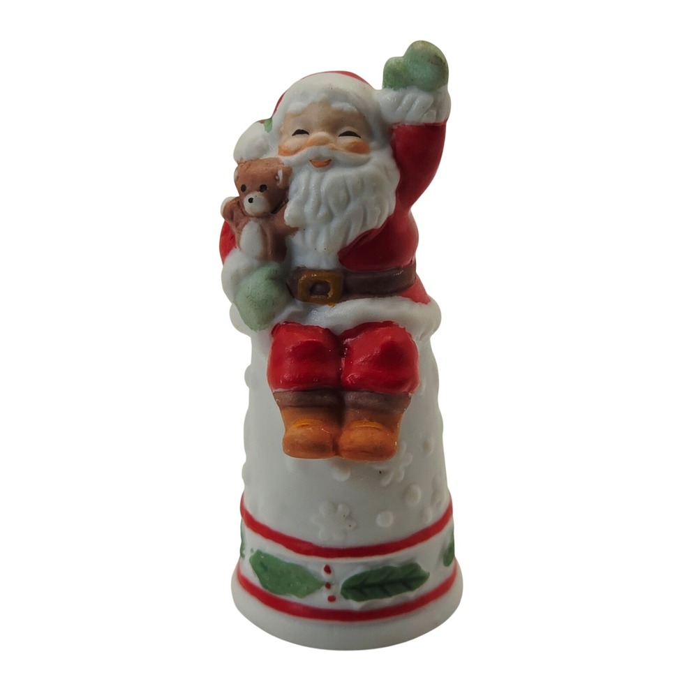 Vintage Santa Claus Porcelain Thimble Figurine with Teddy Bear Holiday Decor 2"